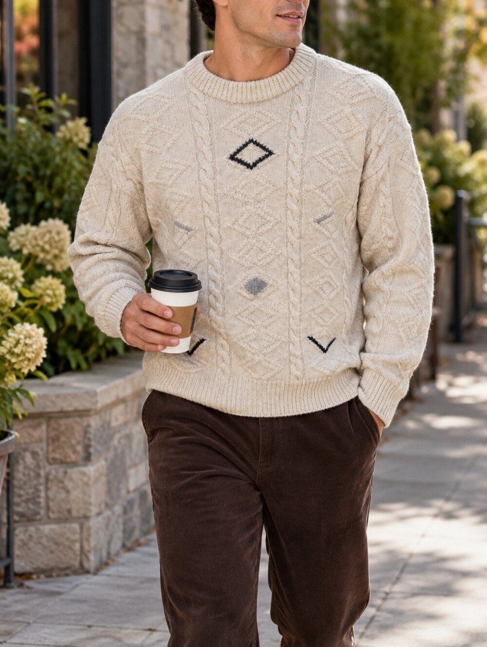 Club International Vintage 100% Wool Cream Cable Knit Crewneck Sweater Men’s
